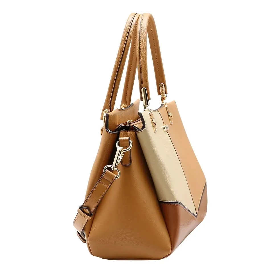 Bolsa Chenson Patchwork Clássico caramelo vista lateral mostrando alças fixas e removível